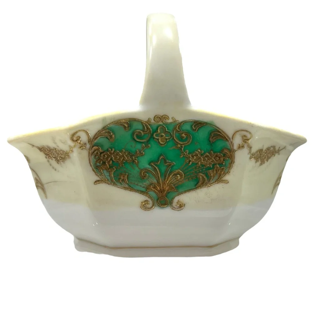 NORITAKE GREEN/GOLD/YELLOW HAND PAINTED PORCELAIN CERAMIC MINI BASKET